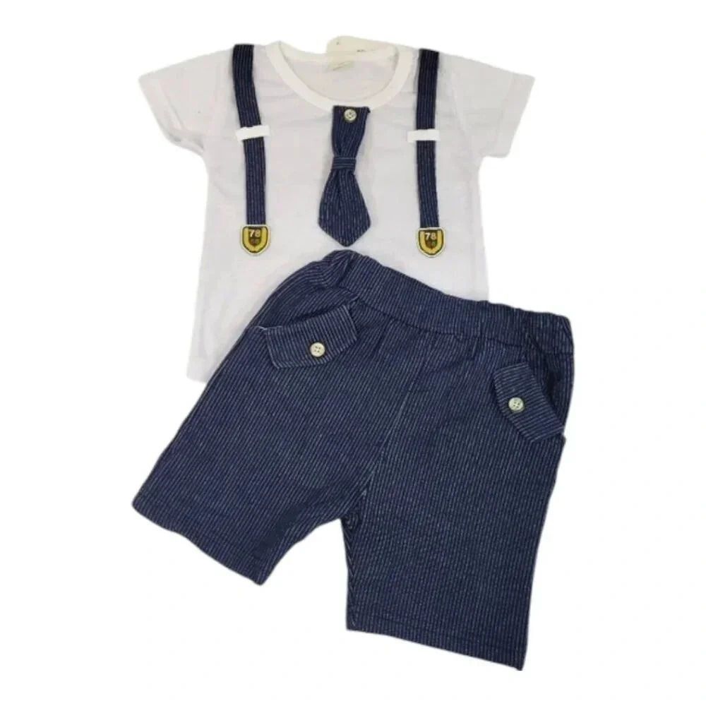 18-24M Navy Blue Faux Suit Baby Boys 2 pcs Outfit. T-Shirt and Shorts Sets